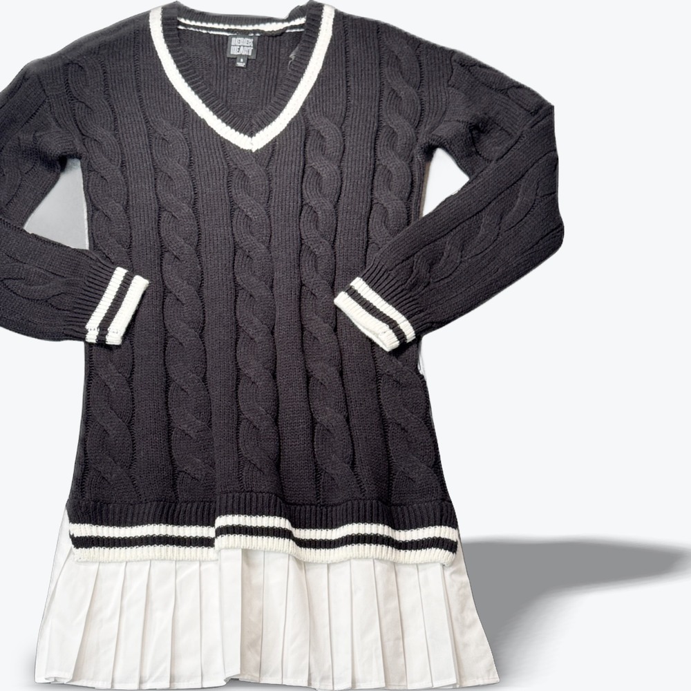 Black Cable Knit Sweater Dress White Pleated‎ Hem Preppy Academia Varsity Small